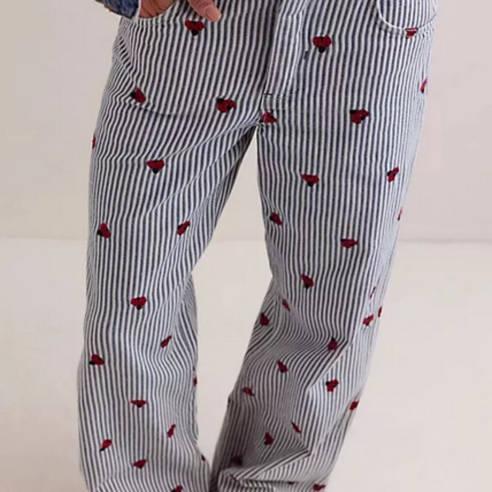 Free People We The Free Bugged Out Straight-Leg Jeans Pants Stripe Print